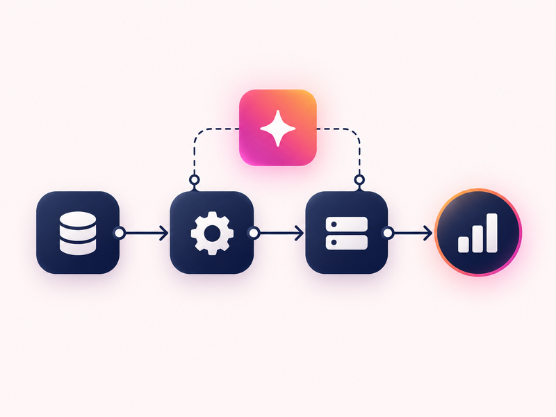 Data flows into a process, then into connected systems, then into reporting. AI branches off the middle of the chain rather than sitting at the start of it.